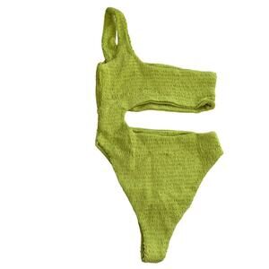 Naked Wardrobe Lime Green Smocked Cutout One Piece Swimsuit M NWOT